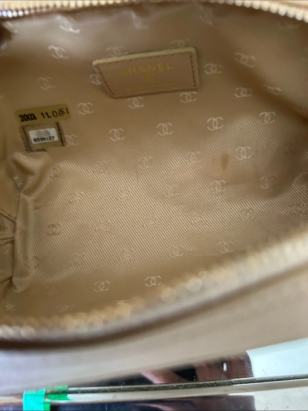 CHANEL Beige Pebbled Leather Cosmetic Case with CC Medallion -Great Condition